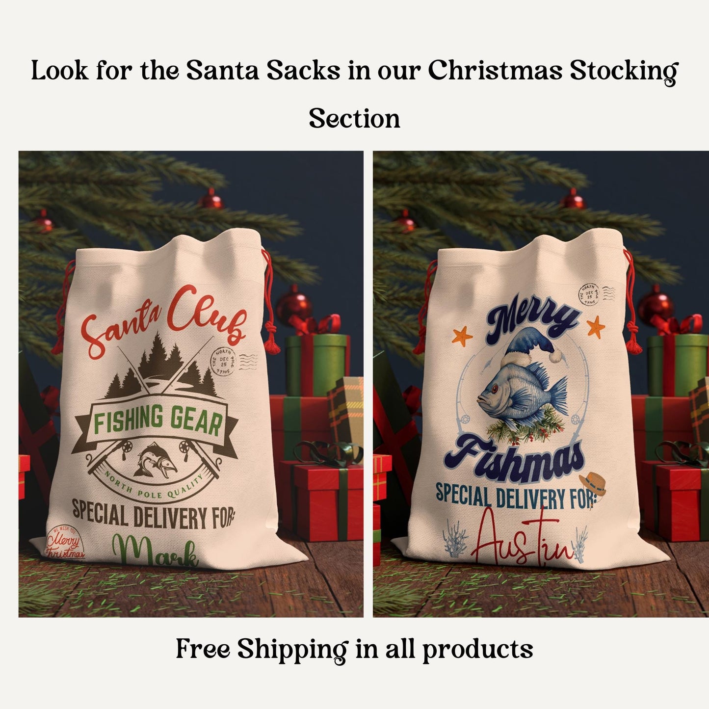 Mountain Christmas Stocking Fishing and Camping Holiday Rustic Gift Bag