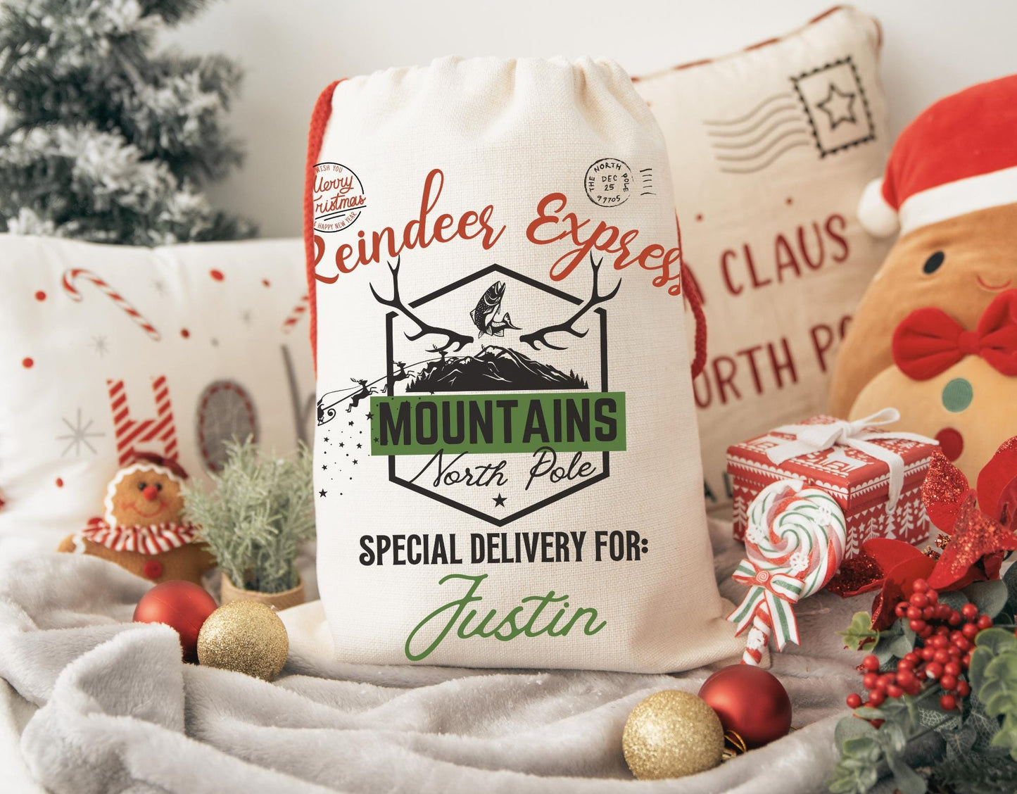 Mountain Fishing Christmas stocking - Camping Rustic Holiday Gift Bag