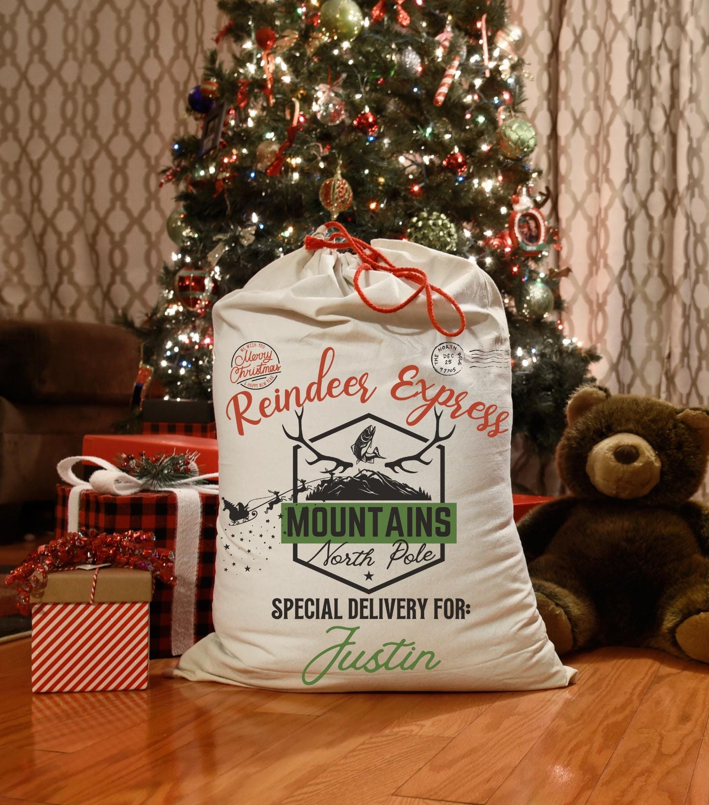 Mountain Fishing Christmas stocking - Camping Rustic Holiday Gift Bag