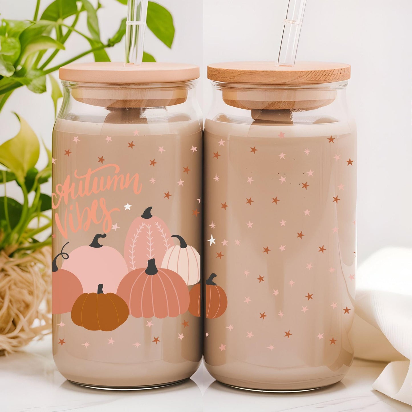 Autumn Tumbler Gift - Pumpkin Spice Latte Iced Coffee Glass Cup Fall Pink Aesthetic Cup Trendy Girl