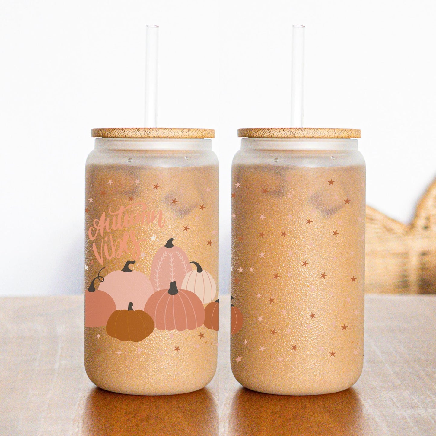 Autumn Tumbler Gift - Pumpkin Spice Latte Iced Coffee Glass Cup Fall Pink Aesthetic Cup Trendy Girl