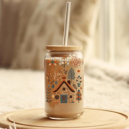 Deer Coffee Glass Tumbler Gift- Nordic Folk Art Mug