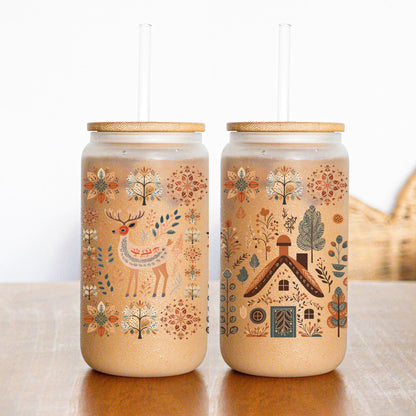Deer Coffee Glass Cup Scandinavian Design Folk Art - Cozy Hygge Home Gift