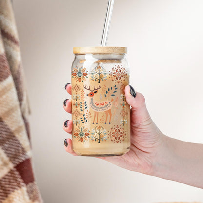 Deer Coffee Glass Tumbler Gift- Nordic Folk Art Mug
