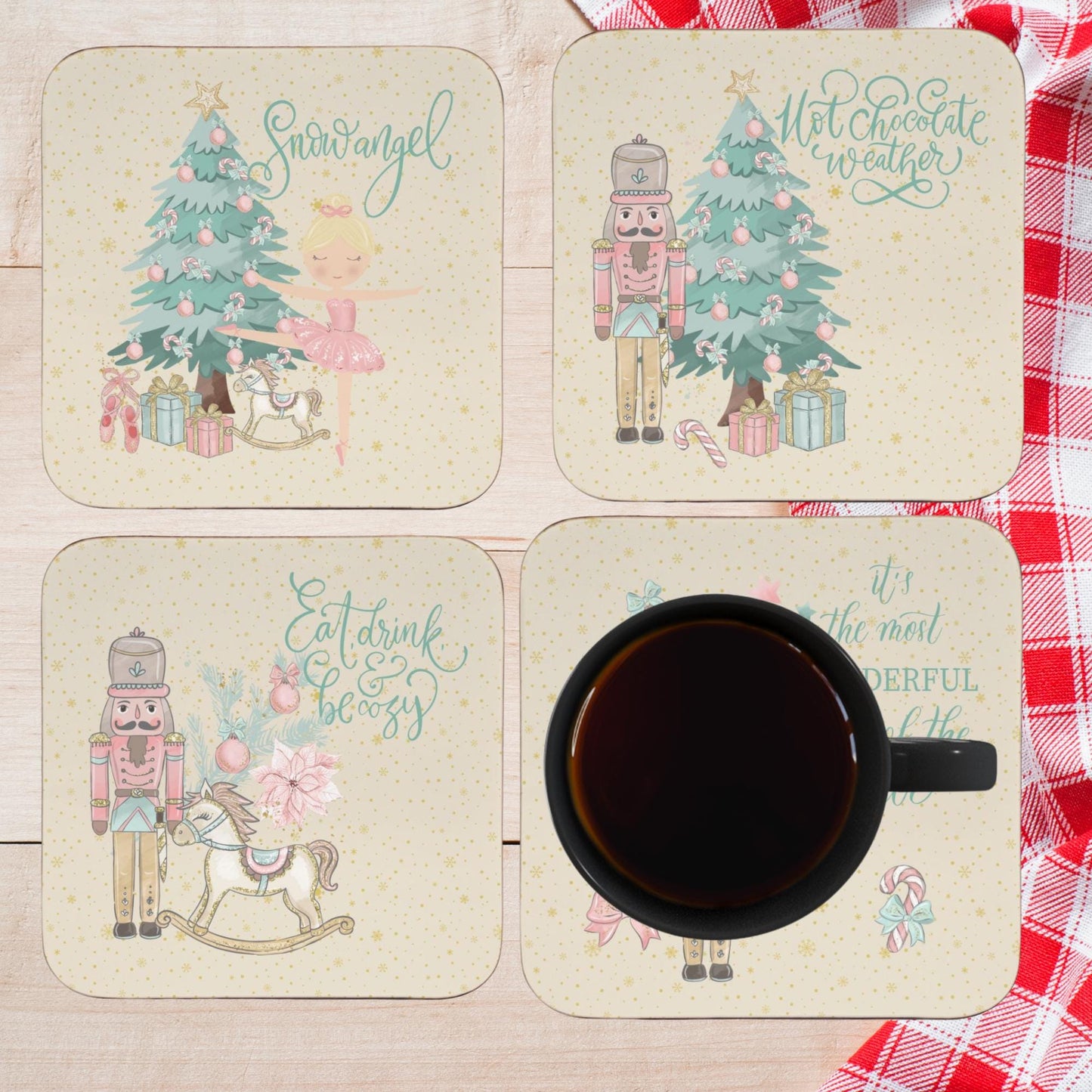 Pink Nutcracker Christmas Coaster Set Hostess Gift - Ballet Dancer Teacher Gift