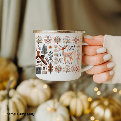 Deer Cozy Camping Mug with Nordic Folk Art - Hygge Home Gifts