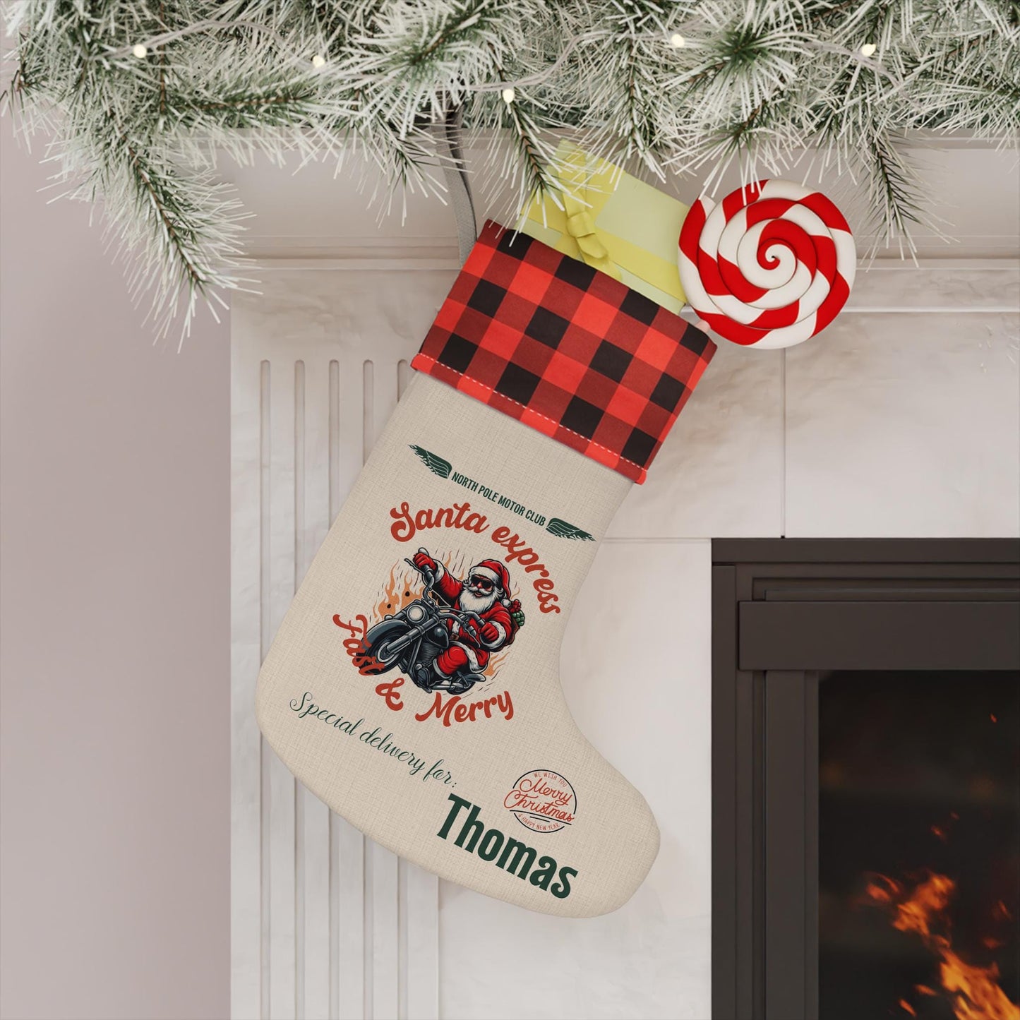 Personalized Motorcycle Christmas Stocking - Custom Name Biker Gift - Rustic Santa Sack for Dad