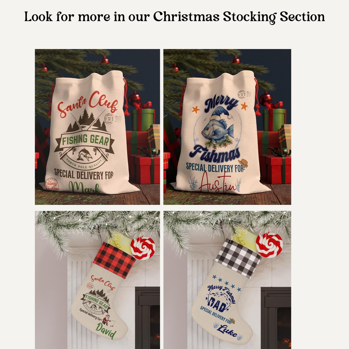 Mountain Fishing Christmas stocking - Camping Rustic Holiday Gift Bag