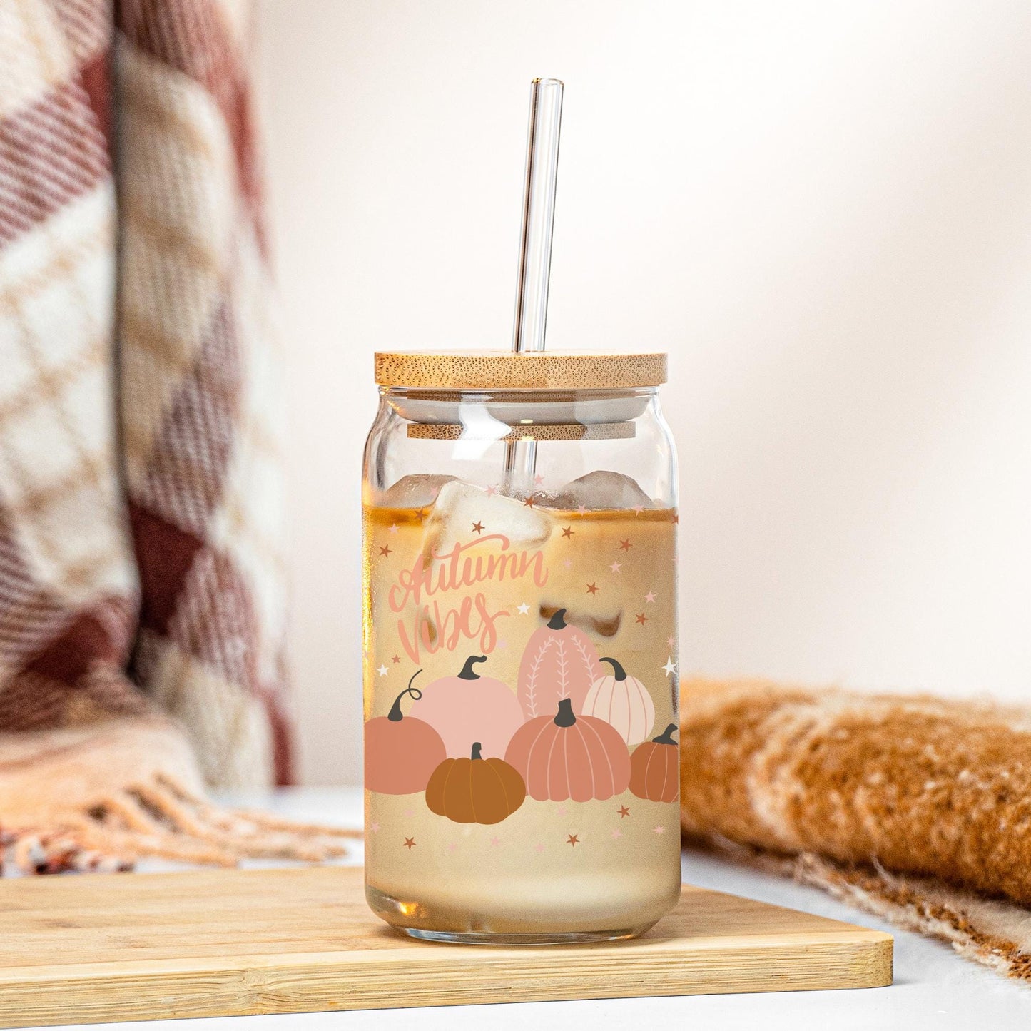 Autumn Tumbler Gift - Pumpkin Spice Latte Iced Coffee Glass Cup Fall Pink Aesthetic Cup Trendy Girl
