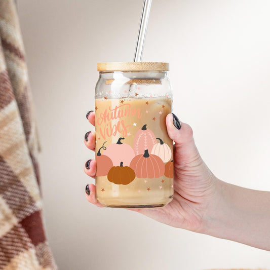Autumn Tumbler Gift - Pumpkin Spice Latte Iced Coffee Glass Cup Fall Pink Aesthetic Cup Trendy Girl