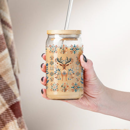 Mountain Cup with Nordic Deer Folk Art Tumbler - Scandinavian design Coffee Glass