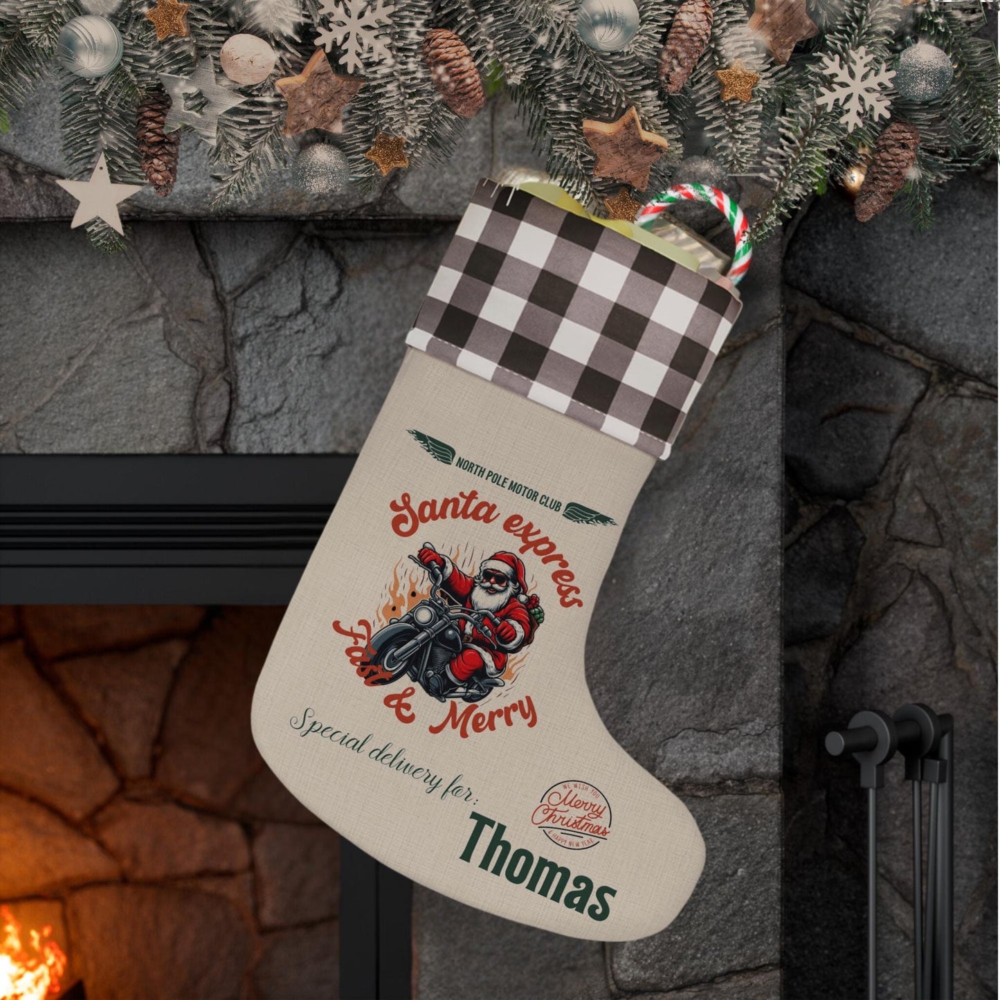 Personalized Motorcycle Christmas Stocking - Custom Name Biker Gift - Rustic Santa Sack for Dad