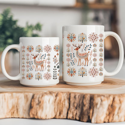 Nordic Folk Art Deer Coffee Mug - Deer Scandinavian design ceramic gift