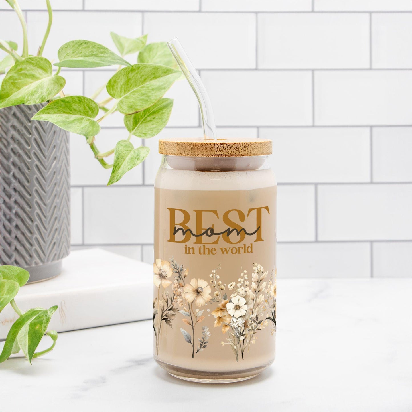 Floral Tumbler for Mom gift Mothers Day- Iced Coffee Glass Cup for Mama