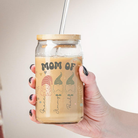Mom Custom Glass Tumbler Coffee with child names -Mama Gnome Tumbler