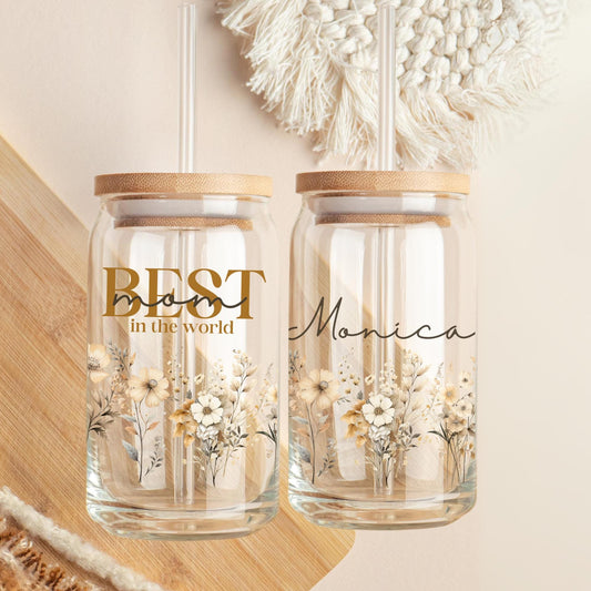 Floral Tumbler for Mom gift Mothers Day- Iced Coffee Glass Cup for Mama