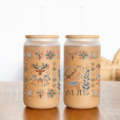 Mountain Cup with Nordic Deer Folk Art Tumbler - Scandinavian design Coffee Glass
