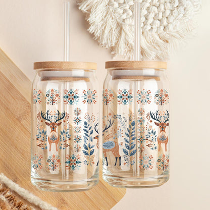 Mountain Cup with Nordic Deer Folk Art Tumbler - Scandinavian design Coffee Glass