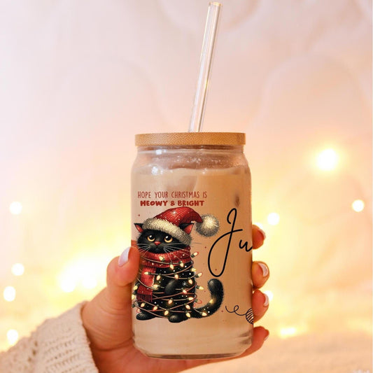 Christmas Cat Glass Tumbler Holiday Gift for Friends and family