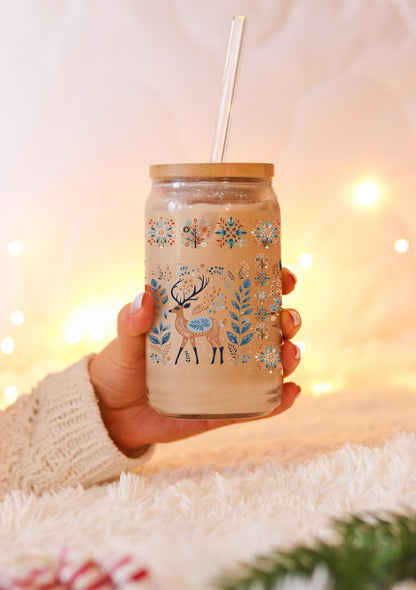 Mountain Cup with Nordic Deer Folk Art Tumbler - Scandinavian design Coffee Glass