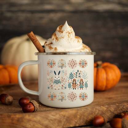 Rabbit Camp Mug with Nordic Folk Art - Thank you Gift Easter and Brunch Decor