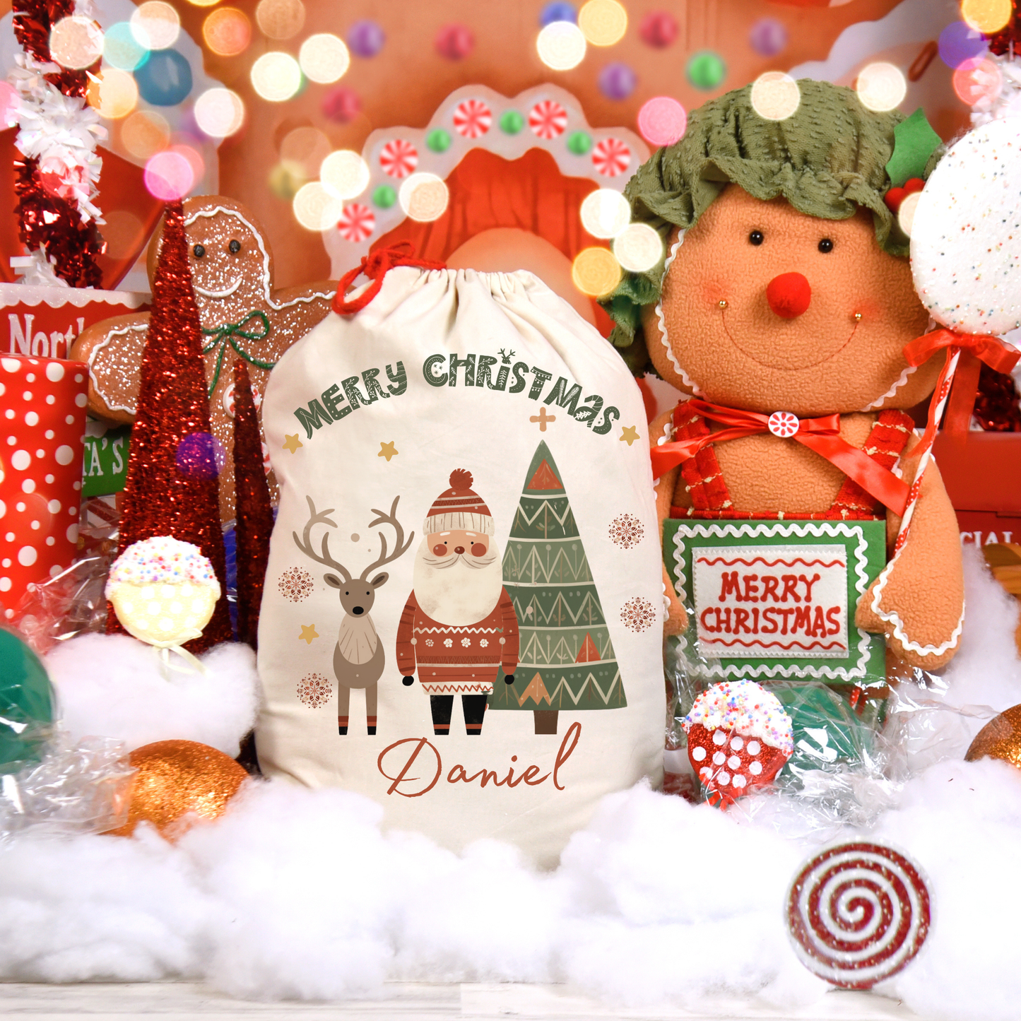 Personalized Santa Sack - Custom Name Christmas Gift Bag - Nordic Reindeer Stocking