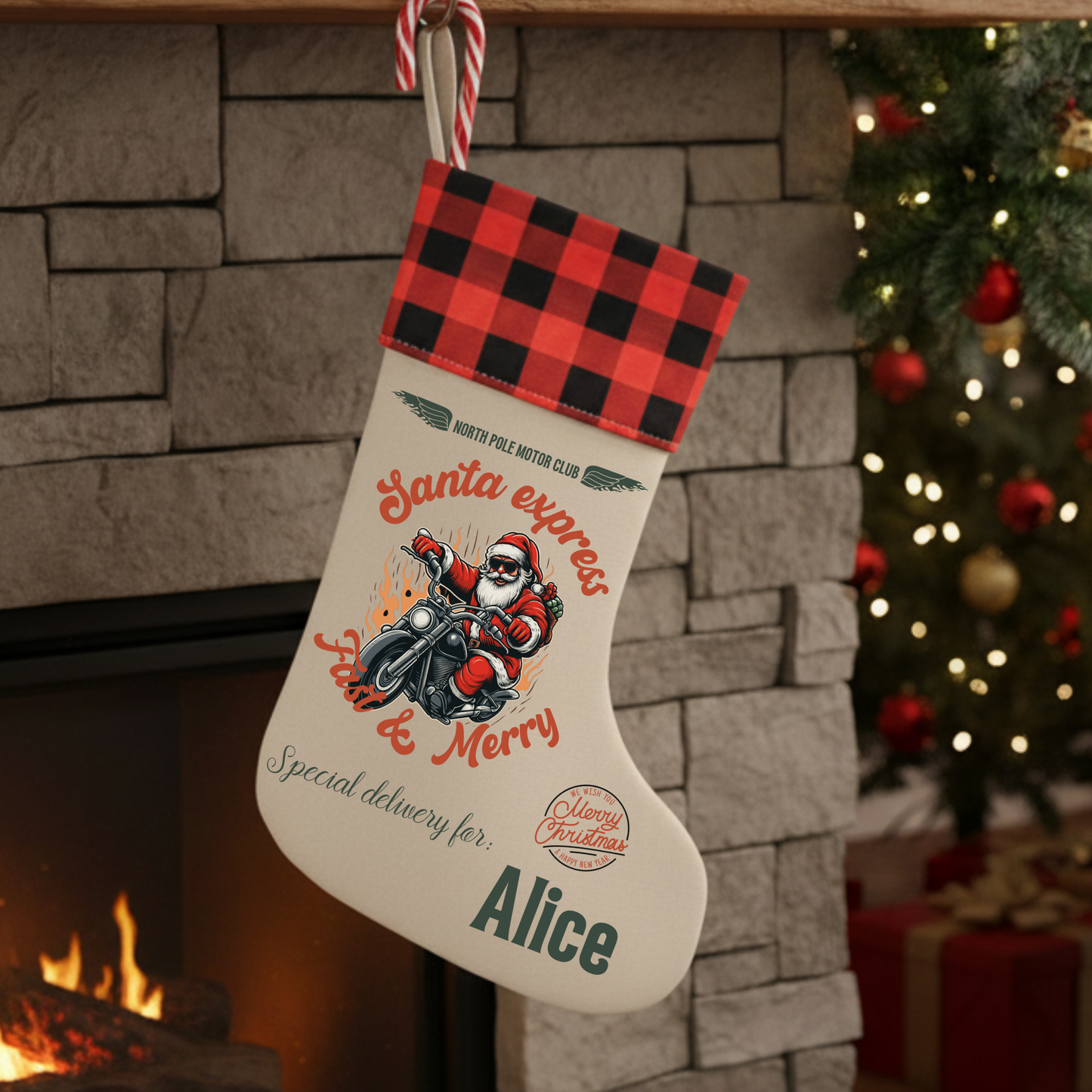 Personalized Motorcycle Christmas Stocking - Custom Name Biker Gift - Rustic Santa Sack for Dad