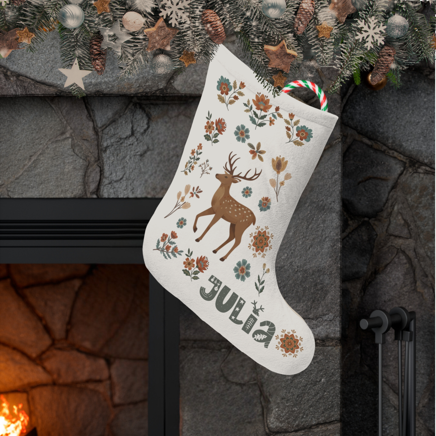 Personalized Christmas Stocking - Nordic Deer Cabin Decor - Custom Name Holiday Gift