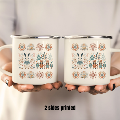 Rabbit Camp Mug with Nordic Folk Art - Thank you Gift Easter and Brunch Decor