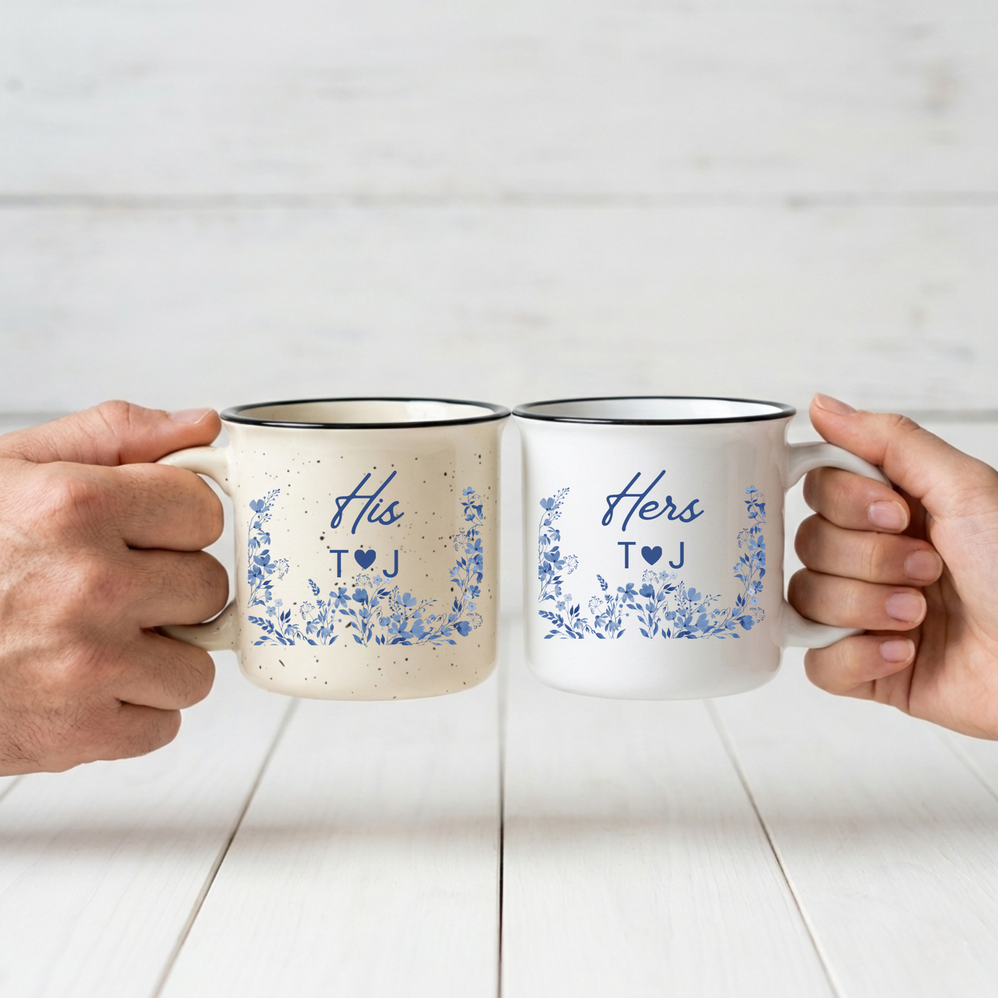 Personalized Engagement Gift Mug - His and Hers Blue Floral - Custom Wedding Gift for Couple