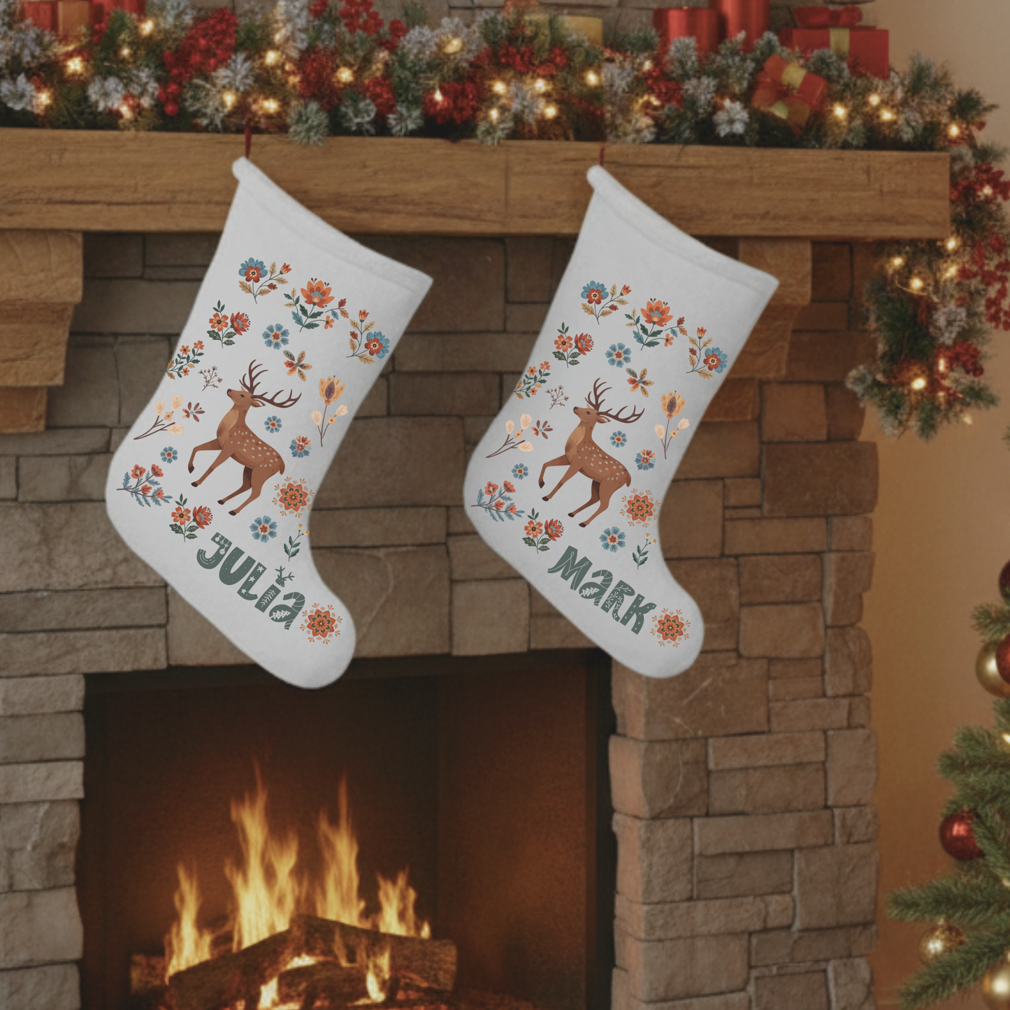 Personalized Christmas Stocking - Nordic Deer Cabin Decor - Custom Name Holiday Gift