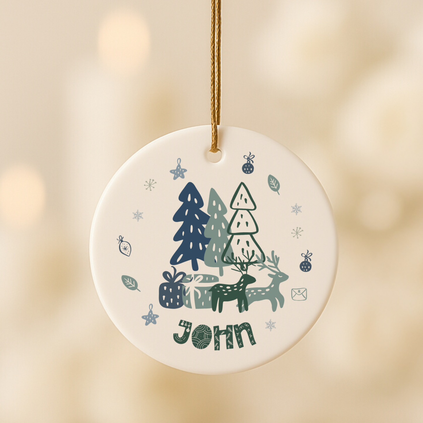 Nordic Christmas Ornament custom name -Deer and Pine Trees Christmas Gift Scandinavian Decorations