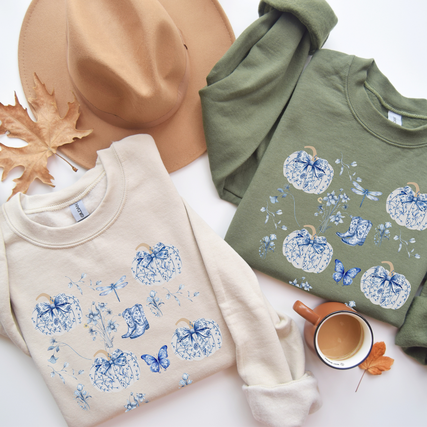 Blue Coquette Pumpkin Sweatshirt - Cozy Floral Women Fall Outfits