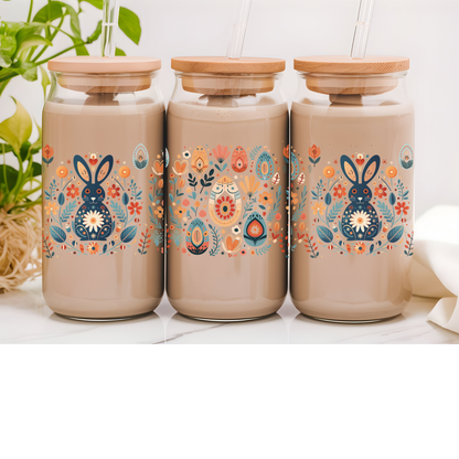 Rabbit Gift Nordic Folk Art Glass Spring Floral Mug, Easter Bunny Gift