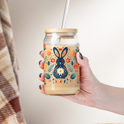 Rabbit Gift Nordic Folk Art Glass Spring Floral Mug, Easter Bunny Gift