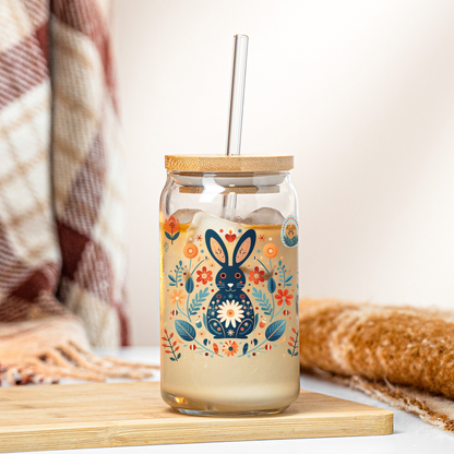 Rabbit Gift Nordic Folk Art Glass Spring Floral Mug, Easter Bunny Gift