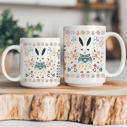Rabbit Coffee Mug Folk Art - Scandinavian Coffee Cup