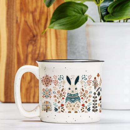Rabbit Coffee Mug Folk Art Scandinavian design Cup- Easter Mug Gift