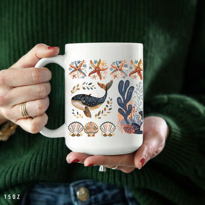 Coastal Marine Life Mug - Whales and Starfish Art Cup for Ocean and beach Lover Gift
