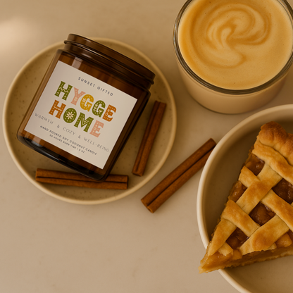 Candle labeled with "Hygge Home" perfect gift for create a cozy ambiance in a Nordic and Scandinavian Design Home