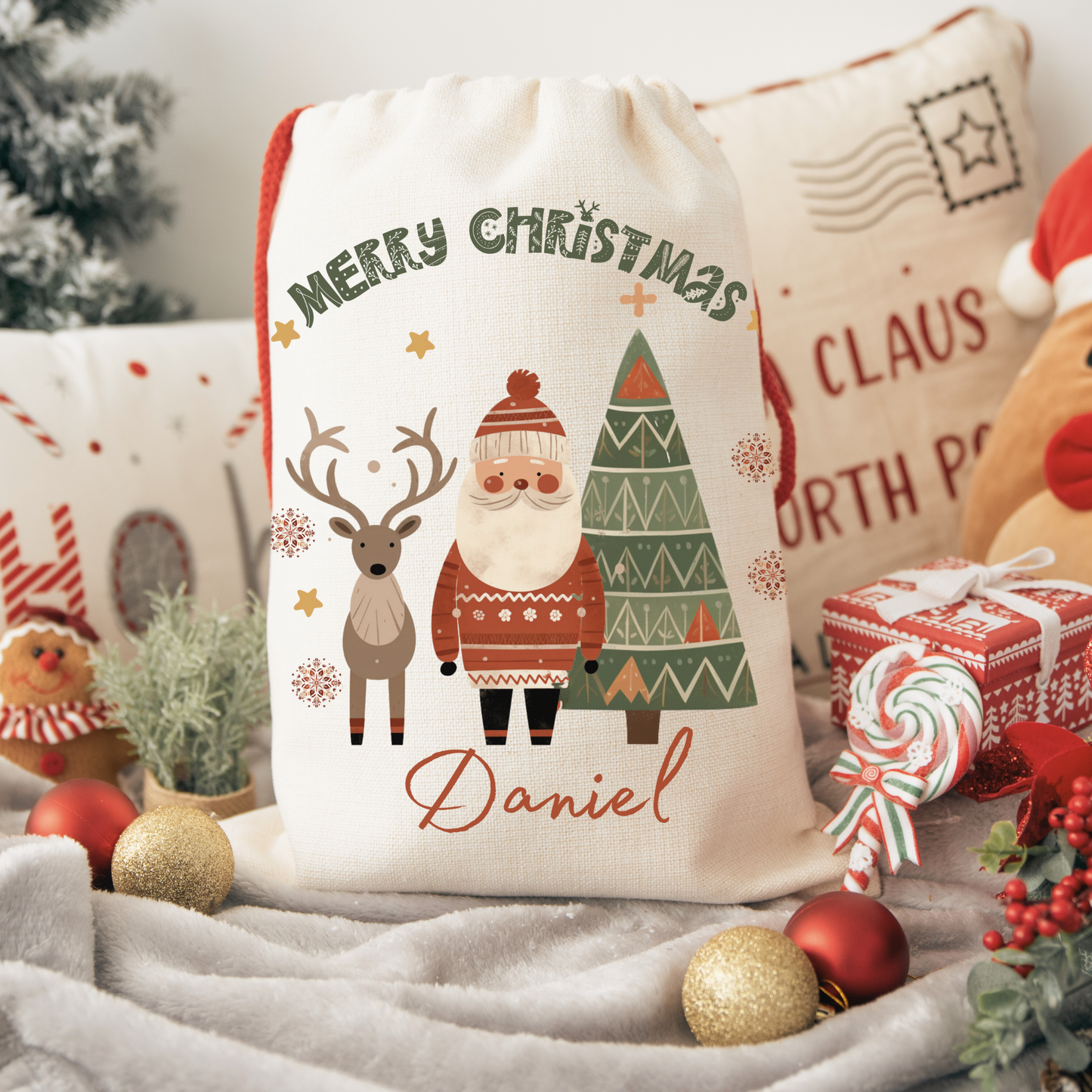 Personalized Santa Sack - Custom Name Christmas Gift Bag - Nordic Reindeer Stocking
