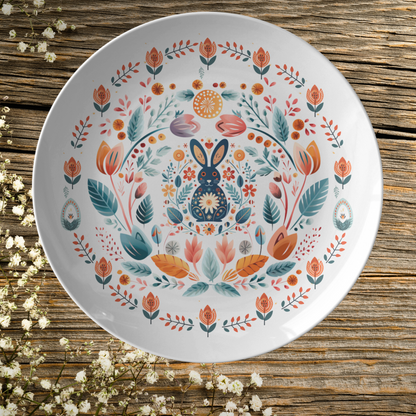 Rabbit Scandinavian Folk Art Plate Gift Hostess Thank you Party Table Setting Blue Bunny Floral Plate