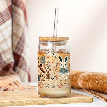 Rabbit Nordic Folk Art Coffee Glass - Bunny Easter Gift idea for Teacher thank you