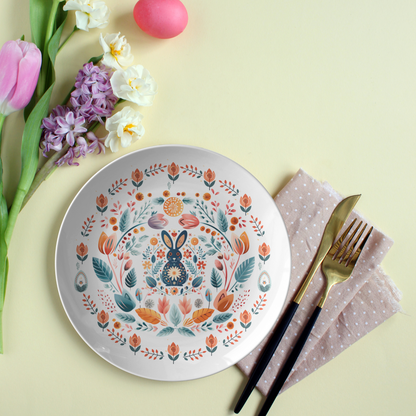Rabbit Scandinavian Folk Art Plate Gift Hostess Thank you Party Table Setting Blue Bunny Floral Plate