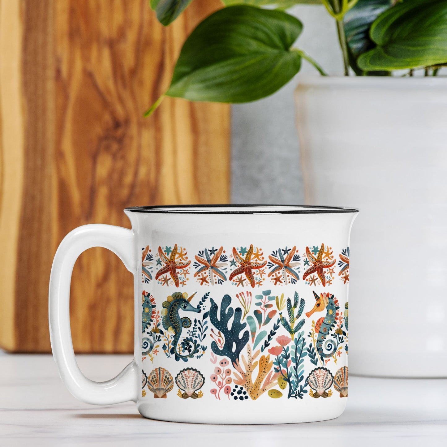 Sea horses Coffee Mug Nordic Folk Art Cup for Beach Lovers