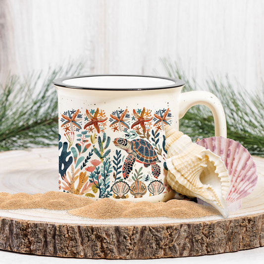Sea Turtle Coffee Mug with Folk Art design for Beach and ocean Lovers