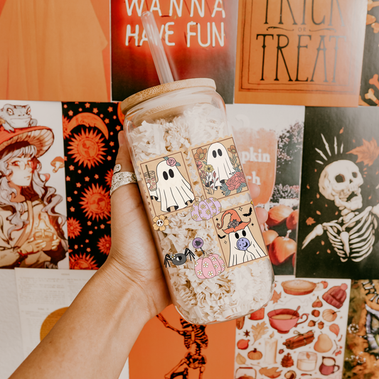 a tumbler with Halloween Floral Ghost-themed stickers against a collage of Halloween-themed images.