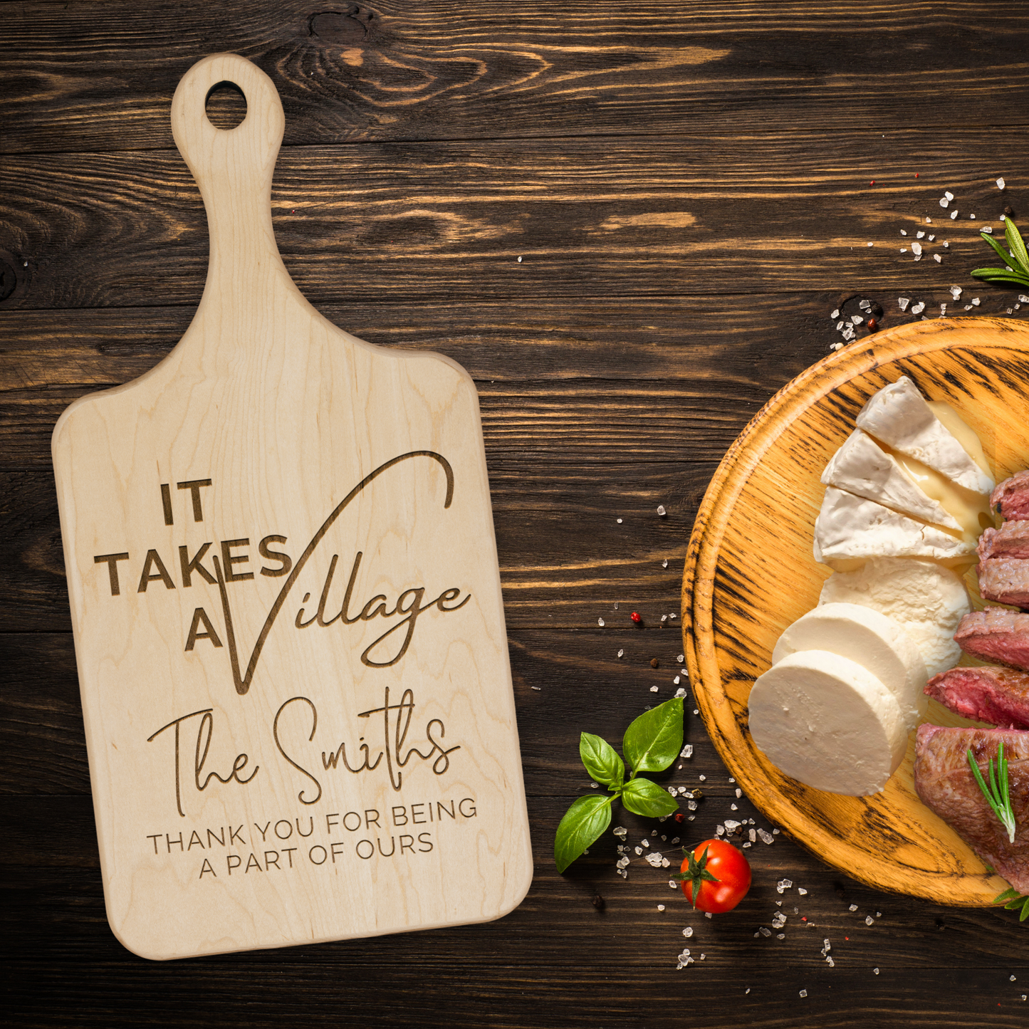 Thank you family gift idea It takes a Village- Cutting Board with Custom Name