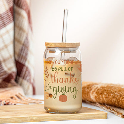 Glass iced coffee tumbler with lid and straw with the quote "let our hearts be full of thanks&giving" is the perfect favors for fall season