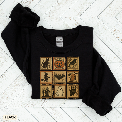 Halloween Vintage Stamps Cat and pumpkins Crewneck - Cozy Fall Sweatshirt Outfit
